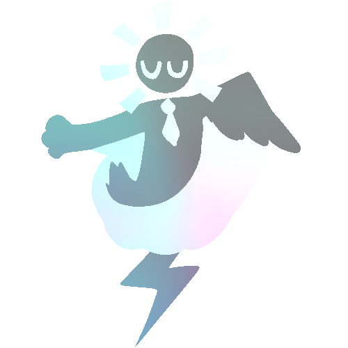 a person with an arrow wrapping around them. they have one arm with a paw, one wing, a lightning bolt instead of feet, a necktie, glow marks around their head, a short fuzzy tail, and closed eyes. the image has a cool aurora-like tint, with the person medium-gray and the arrow very bright